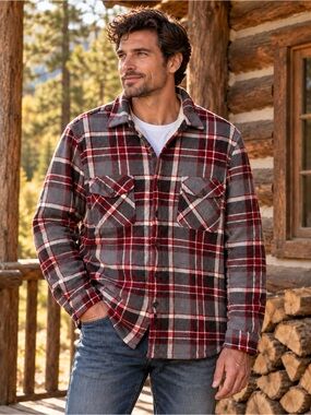 Freedom Foundry Mens XL Sherpa Lined Plaid Fleece Shirt Jacket Red Gray Shacket
